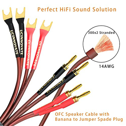 UCINNOVATE 2 Pack HiFi OFC Speaker Cable with Banana Plug to Jumper Spade, Banana Plug to U Fork Plug 14AWG Speaker Wire Cord Jumper Bridge Cable for Speaker Amplifier (6.56FT) - style: 2x 2m OFC Speaker Cables
