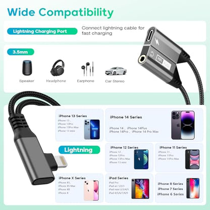 Right Angle Magnetic 2-IN-1 Lightning to 3.5mm Audio Jack Headphone and Charge Cable Adapter for iPhone,90 Degree Earphone Converter Splitter Support Music+Charge+HiFi+Mic for iPhone14 13 12 11