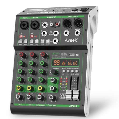 Aveek Audio Mixer, 4 Channel Mixer with Bluetooth and USB Recording | DJ Mixing Console with 99 DSP Effects, 48V Phantom Power, PC Recording Mixer for Karaoke, Studio, Podcast and Live Streaming