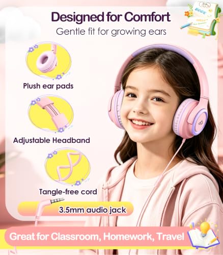 INFURTURE Kids Headphone for School with Microphone, Pink Wired Headphones | Adjustable for Boys/Girls, Soft Ear Muffs, Volume Limit, Foldable, Lightweight On-Ear Headphones for ipad/Travel/Tablet - color: Pink