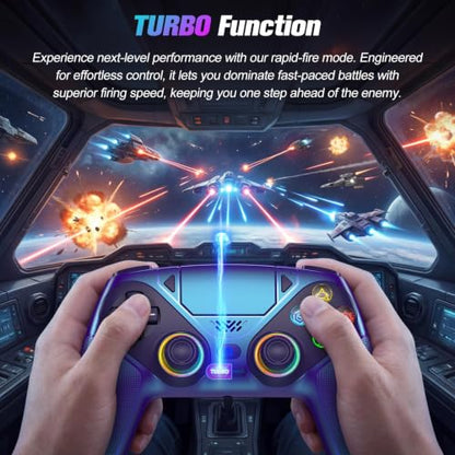 Gamrombo RGB Wireless Controller for PS5/PC – Bluetooth Gamepad with Turbo, Macro, Dual Vibration, 6-Axis Motion, 3.5mm Audio Jack & 1000mAh Battery - color: Metal Blue
