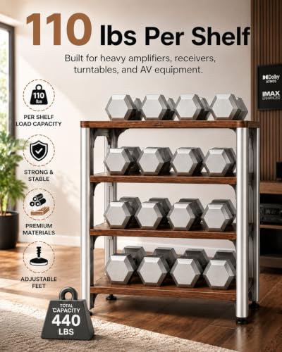 4-Tier HiFi Audio Rack, Adjustable AV Stand for Stereo Equipment | 110 lbs Per Shelf Open Cooling Design Metal Support Columns Rubber Feet Fits Amplifier, Receiver, Turntable & CD Player - size: 4-tier