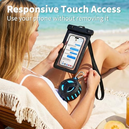 EBODA Bluetooth Shower Speaker with Waterproof Phone Pouch, Gifts for Men | Rugged & Ready for Any Wet Adventure, Stuff for Boat, Travel, Beach, Cruise Essentials, Touch Screen, Lanyard Included - color: Black+Black