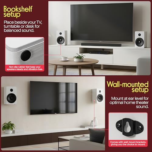 Pyle 6.5” Bookshelf Speakers - Pair of Wired Bookshelf Speakers with Wall Mount Brackets, 2-Way HiFi Home Theater with Fiberglass Cone, Soft Dome Tweeter, Compact Design, 11.7” x 7” x 6.5”, White - color: White