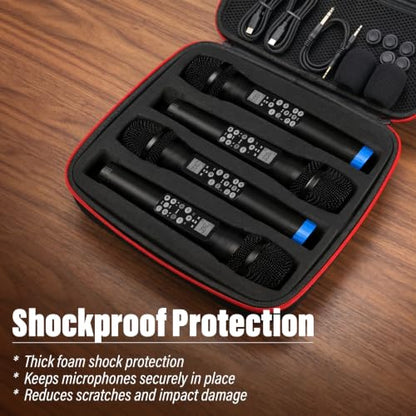 Wireless Microphone Case for 4 Mic System, Shockproof Hard Carrying Container Bag with 4 Slots, Portable Storage Organizer for Handheld Mics, Receivers, Adapters, Batteries, for Gigging and Travel.