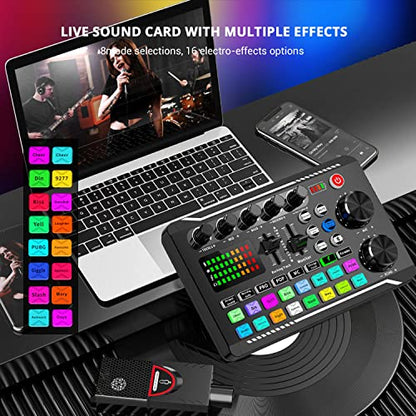 Facmogu F998 Live Sound Card Audio Mixer, Streaming Podcast Audio Interface | Studio Equipment with DJ Mixer Effects | Voice Changer Sound Effects | For PS4 PS5 Karaoke Tiktok YouTube Live Gaming Record