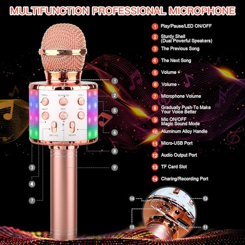 ShinePick Karaoke Microphone, 4 in 1 Wireless Microphone with LED Lights Handheld Portable Karaoke Machine, Home KTV Player, Compatible with Android & iOS Devices(Pink) - color: pink