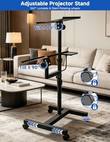 KOOV 2 Shelves Projector Stand, Max 47" Height Adjustable | Mobile Cart on Wheels, Projector Tripod Stand, Rolling Laptop Floor Stand, For Couch - size: 47inch