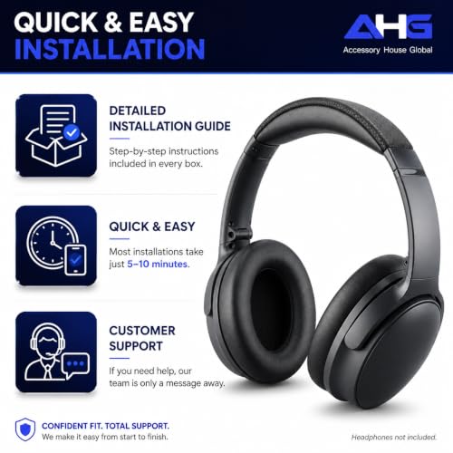 AHG QC45 Ear Pads Compatible with Bose QuietComfort 45 35 QC35 II QCSC QCSE | Easy DIY Fit | Premium Protein Leather | Extra Thick | Soft High-Density Foam - color: Black