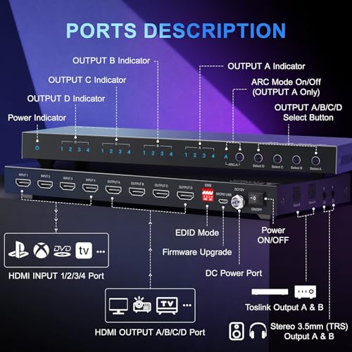 PORTTA 4x4 HDMI Matrix 4K 60Hz 4:4:4, 4 in 4 Out Switch Splitter, Audio Extractor, 16 EDID Modes with Remote Control Supports HDMI 2.0b, HDCP 2.2, HDR, YUV, ARC, 18Gbps, 3D, Downscaler 4K & 1080P - style: HDMI Matrix 4x4 4K@60Hz