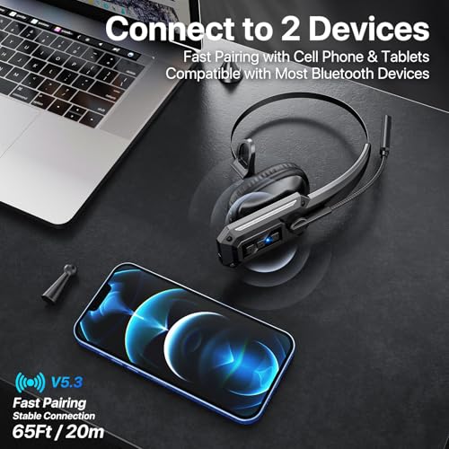 Trucker Bluetooth Headset with Mic, Wireless Headset for Work with Mute Button, 60H Battery, Over Ear Bluetooth Headset for Truck Driver, Office, Laptop, Cell Phone, Black