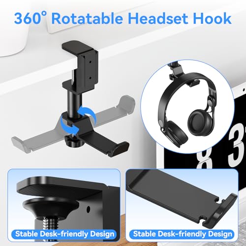 Desk Cup Holder Clamp with Headphone Hanger and Storage Tray | Clamp on design, rotating headphone hanger, detachable storage tray, cable holes, fits 5-50mm desks - color: Black
