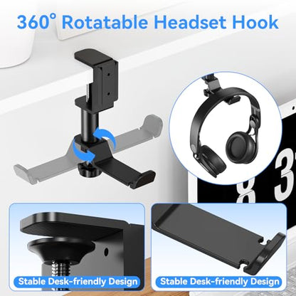 Desk Cup Holder Clamp with Headphone Hanger and Storage Tray | Clamp on design, rotating headphone hanger, detachable storage tray, cable holes, fits 5-50mm desks - color: Black