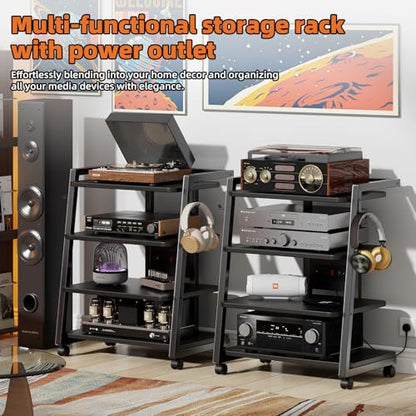 CABTE Mobile AV Media Stand with Outlets and 4 Rolling Caster Wheels | 4-Tier Rolling TV Stand for Gaming Console, Stereo, DVD Player, Sturdy Metal Frame, Versatile Living Room,Bedroom (Black) - color: Black