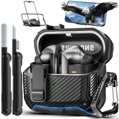Safety Lock Case for Samsung Galaxy Buds3 FE/3/3 Pro (Black) | with Phone Stand,with Secure Lock Clip & Cleaning kit Full Body Shockproof Carbon Fiber Protection Design - color: C-Black