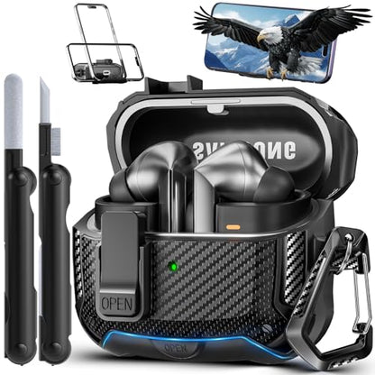 Safety Lock Case for Samsung Galaxy Buds3 FE/3/3 Pro (Black) | with Phone Stand,with Secure Lock Clip & Cleaning kit Full Body Shockproof Carbon Fiber Protection Design - color: C-Black