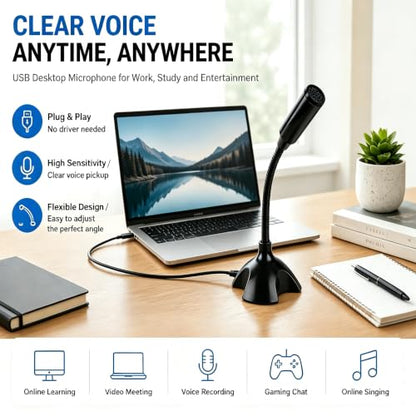 USB Microphone with Gooseneck Stand, Noise Canceling Condenser Mic, Plug & Play for PC Laptop, High Sensitivity (>2m) for Gaming, Podcast, Online Chat, Conference, Recording