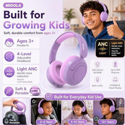MIDOLA Kids Bluetooth Headphones Wireless,ANC,68H,Safe Volume Limit 85/94dB | Active Noise Cancelling,Adjustable Headband Foldable Over-Ear for Toddler Girls Boys Tablet/iPad,HD Stereo,Built Mic,Purple - color: Lavender Purple
