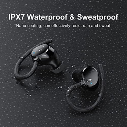 Wireless Earbuds for Small Ear, HiFi Stereo Sport Bluetooth 5.3 Headphones with Earhooks, 48H Deep Bass Ear Buds with LED Display, Noise Cancelling, IP7 Waterproof Earphones Built-in Mic for Running - color: Black