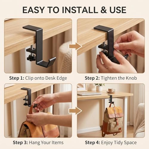 Black Desk Mount Purse Hook | Portabl Adjustable Clamp-On Backpack Hanger Table Bag Holder ,for Handbags Headphones(Single Hook) - color: Black Single Hook