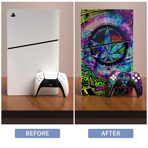 PlayVital Full Set Skin Sticker for ps5 Slim Console Disc Edition (The New Smaller Design), Vinyl Skin Decal Cover for ps5 Controller & Headset & Charging Station & Media Remote - Psychedelic Leaf - color: Psychedelic Leaf