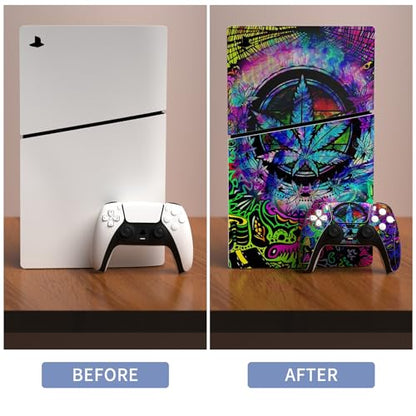 PlayVital Full Set Skin Sticker for ps5 Slim Console Disc Edition (The New Smaller Design), Vinyl Skin Decal Cover for ps5 Controller & Headset & Charging Station & Media Remote - Psychedelic Leaf - color: Psychedelic Leaf