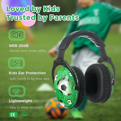 Kids Ear Protection Safety Ear Muffs, NRR 25dB Noise Reduction Children Earmuffs, Hearing Protectors for Sleeping, Studying, Airplane, Concerts, Fireworks-Soccer with Black Band - color: Black Band Soccer