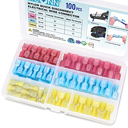 TICONN 100 Pcs Nylon Spade Quick Disconnect Connectors Kit, Electrical Insulated Terminals, Male and Female Spade Wire Crimp Terminal Assortment Kit - style: Combo 100Pcs
