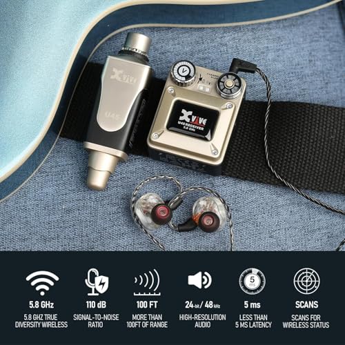 Xvive U45R4 Wireless in Ear Monitor System 5.8ghz IEM System 1 Transmitter and 4 Bodypack Receiver for Studio, Band Rehearsal, Live Performance, Channel Scan Mode - style: U45R4