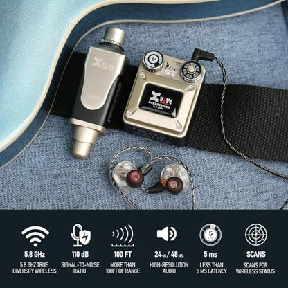 Xvive U45R4 Wireless in Ear Monitor System 5.8ghz IEM System 1 Transmitter and 4 Bodypack Receiver for Studio, Band Rehearsal, Live Performance, Channel Scan Mode - style: U45R4