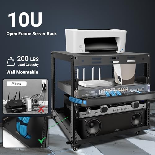 Upgraded 10U Server Rack with 4 Swivel Casters & 2 Shelves | Wall-Mountable & Freestanding Open Frame Network Rack for Computer/Data/IT/Stereo Equipment, 19.7”L x 18.8”W x 23.4”H - size: 10U