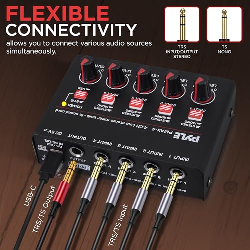 Pyle 4-Channel Bluetooth Mini Line Mixer with USB Audio Interface - 4 Mono/Stereo Switching Inputs | Ultra-low Noise Design with High Headroom | Built-in USB-C Sound Card - PMAX4 - size: 4 Channel