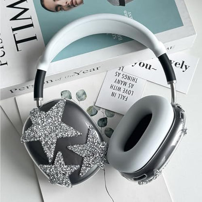 3-in-1 Case Cover for AirPods Max 2/AirPods Max Headphones, Apple AirPod Max Accessory Protective Cover, Headband/Silicone Ear Pad/Clear TPU Shiny Rhinestone Star Ear Cups Covers - color: Clear white(Star)
