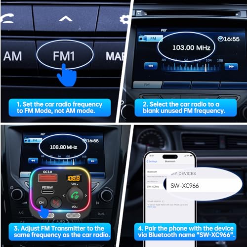 Syncwire Bluetooth 5.4 FM Transmitter Car Adapter 54W with Light Switch | [Stronger Dual Mics] [HiFi Bass Sound] [Fast Charging] Wireless Radio Receiver Hands-Free Calling LED Display - color: Black