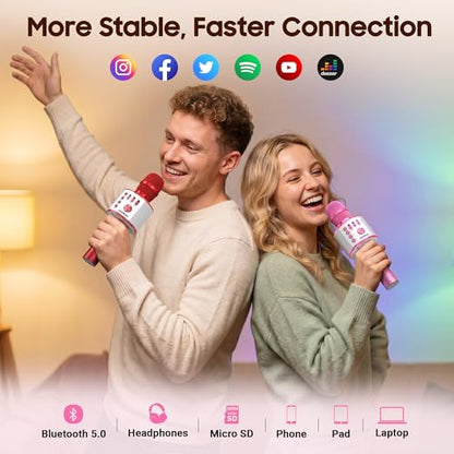 BONAOK Wireless Bluetooth Karaoke Microphone,3-in-1 Portable Handheld Karaoke Mic Speaker Machine Home Party Birthday for All Smartphones PC（Light Pink） - color: Light Pink