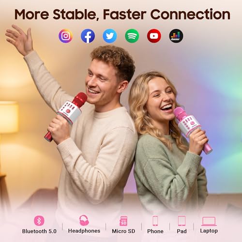 BONAOK Bluetooth Karaoke Microphone, Portable Mic for Adults Kids | Bluetooth 5.0, Echo Mode,Built-in Speaker, SD Card, for iPhone iPad, Handheld,Home Karaoke,Party,Gifts - color: Light Pink