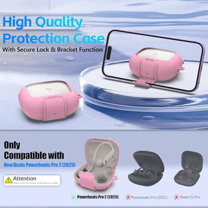 Secure Lock Case for Powerbeats Pro 2 with Phone Stand, LAKSDIURT Shockpoof Protection Cover Compatible with Beats Powerbeats Pro 2 Earbuds Clear Power Pro2 Case with Cleaner Kit & Keychain (Pink) - color: Pink