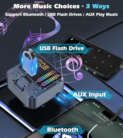 Bluetooth 5.3 Car Adapter with FM Transmitter 42W PD Fast Charging | Bluetooth AUX USB Music Receiver HandsFree Calls, Beat Sync LED Lights for Car Stereo, Compatible with 12V-24V Vehicles
