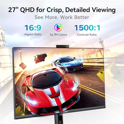 CUNPU 27 Inch Monitor with Camera, Computer Monitor with Built-in 5MP 2K Webcam and Stereo Mic & Speakers, QHD 1440P Vertical Monitor for Video Conferencing, HDMI, DP1.4 Port, Swivel Pivot Adjustable