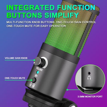 G-MARK MK6 RGB USB Condenser Microphone, Gaming Microphone for Podcasts, Streaming, Broadcasting, Condenser Mic with Cardioid, Omnidirectional, Compatible with PS4/5/PC