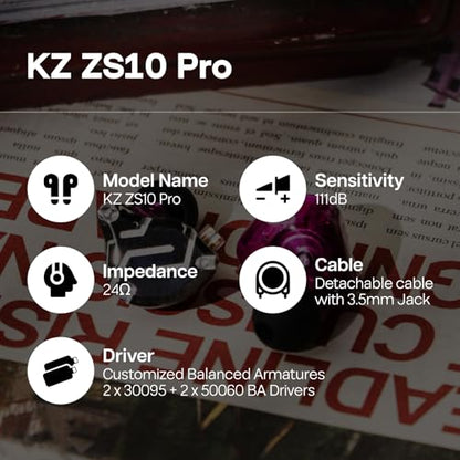 Linsoul KZ ZS10 Pro, 4BA+1DD 5 Driver in Ear Monitor, HiFi Wired Earbuds, Gaming Earbuds, Hybrid IEM Earphones with Stainless Steel Faceplate, Detachable Cable for Musician (Without Mic, Purple) - color: Purple, style: Without Mic