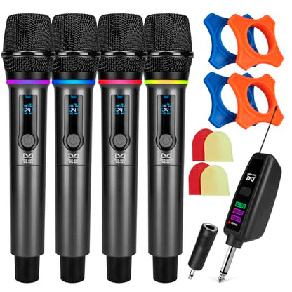 QiCheng&LYS 4 Wireless Microphones with Rechargeable Receiver, 2.4G Cordless Mics with Volume Control, Handheld Dynamic Mic System for Church Singing Karaoke Wedding, 200ft