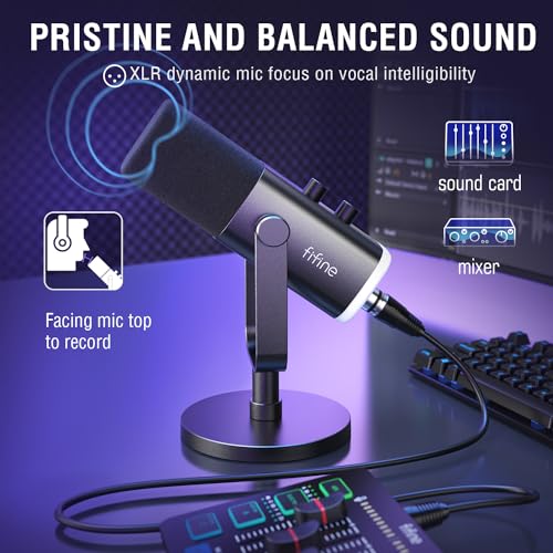 FIFINE Gaming Audio Mixer Bundle with Computer Streaming Microphone, 4-Channel RGB Mixer Set with XLR Interface, 48V Phantom Power, Dynamic Mic with Mute Button for Game Voice Podcast YouTube(SC3+AM8)