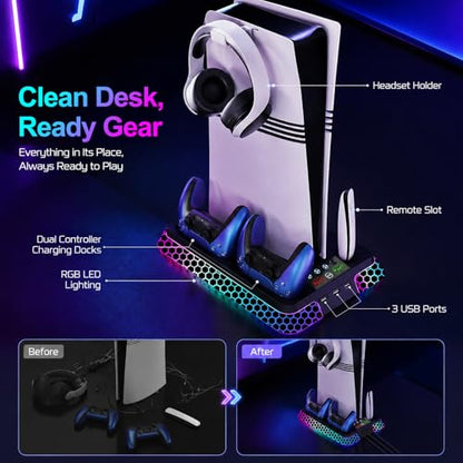 PS5 Stand with Hexagon RGB Aesthetics,PS5 Cooling Station for PlayStation 5 Slim Pro Disc Digital Console with Cooling Fan,Dual Controller Fast Charger USB Hub Headset Holder Game Storage (Black)