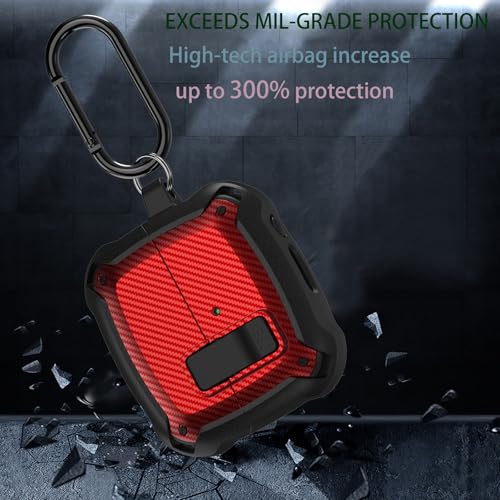 Compatible Samsung Galaxy Buds 3 Pro Case/Bud 3 Cover Clip with Cleaner Kit, Military Shell Protective Armor Case Cover with Lock & Carabiner for Galaxy Buds 3/3 Pro 2024 Men Women Black Red - color: Black-Red