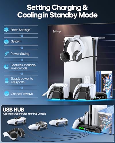 PS5/ Slim/Pro Stand for Disc & Digital Console, PS 5 Cooling Station with Dual Controller Charging Station for PlayStation 5 Console, 3-Level Fan PS5 Controller Charger Accessories Stand-Black - color: Black