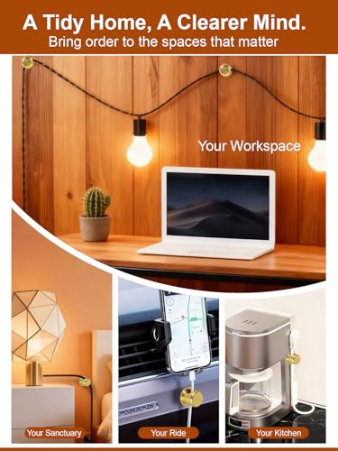 Wider Base Strong Adhesive Desk Cord Holder 3 Pack, Aluminum Gold | Screw-top Cord Holder for Nightstand, Cable Holder Desk Organizer for Phone Charger, Cable Management Clips