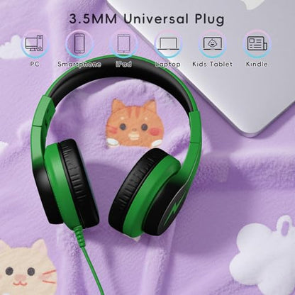 Candy Bila Wired Kids Headphones for School, Over-Ear for Boys Girls | Volume Limiter 85/94dB, HD Stereo Sound, Microphone and Wired Control,Foldable Design, Black and Green - color: Black and Green