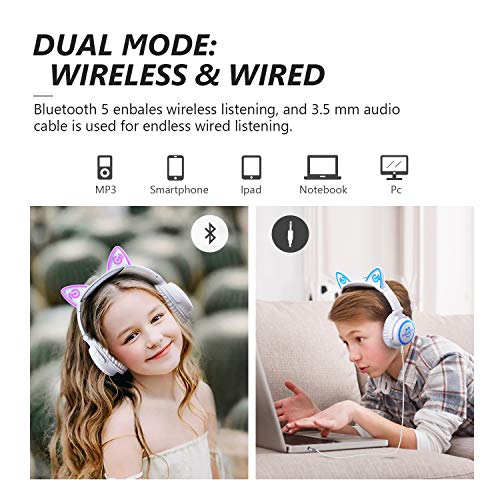 Bluetooth Cat Ear Headphones with LED Lights for Kids & Adults