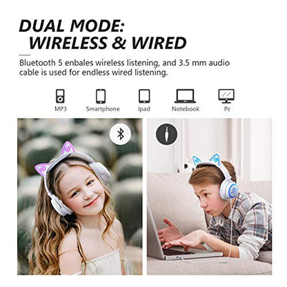 Bluetooth Cat Ear Headphones with LED Lights for Kids & Adults